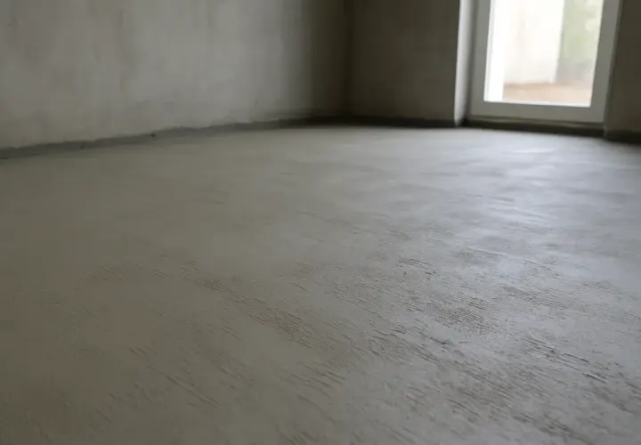Świeżo wylana podłoga cementowa w pustym pomieszczeniu z oknem.