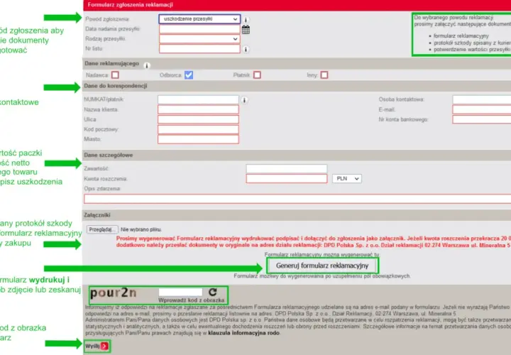 Formularz zgłoszenia reklamacji uszkodzonej paczki. Wpisz dane, opisz zawartość i uszkodzenie, załącz dokumenty, wygeneruj i wyślij formularz.