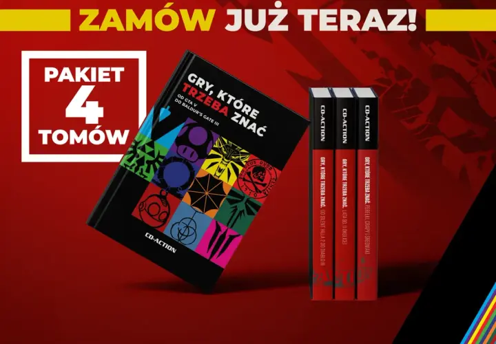Okładka książki "Gry, które trzeba znać" z ikonami gier i trzy tomy z serii CD-Action.