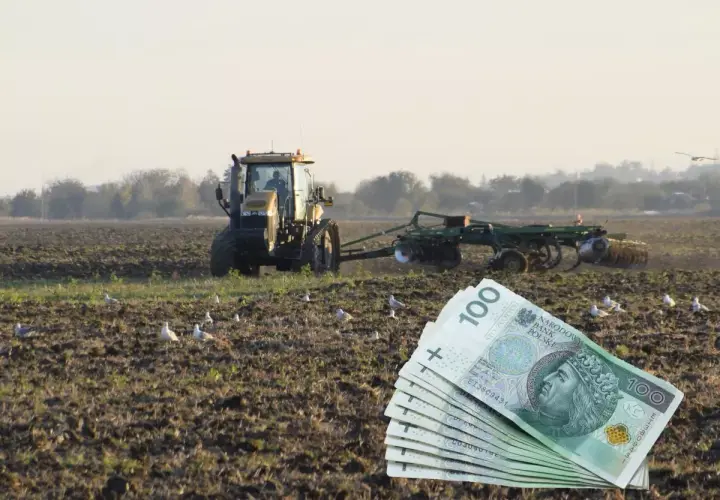 Młody rolnik pracuje na polu, za nim widać pług i stos banknotów 100 zł. Ptaki krążą nad ziemią.