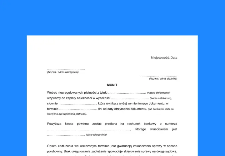 Wezwanie do zapłaty z nagłówkiem MONIT, zawierające dane wierzyciela i dłużnika, kwotę należności oraz termin płatności.