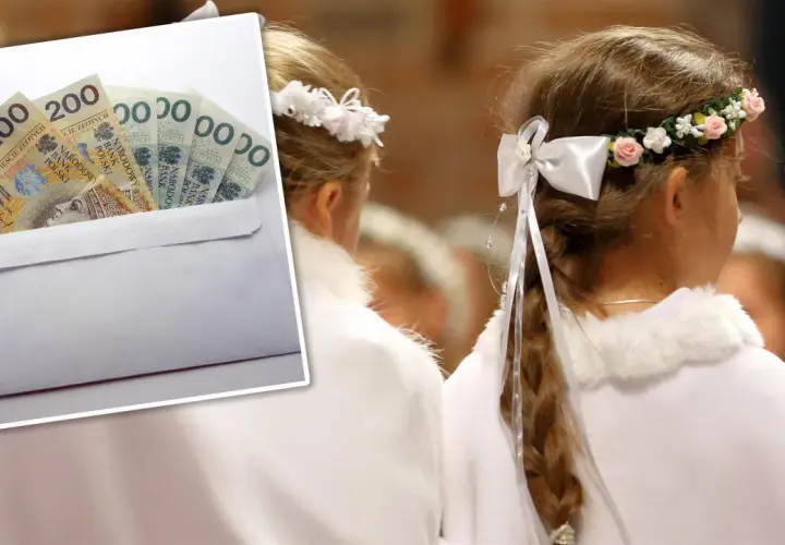 Koperta z banknotami 200 zł i dziewczynki w białych strojach komunijnych.