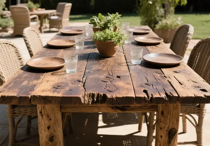A rustic wood table with chairs set for a meal outdoors. The table's weathered planks and rough-hewn legs showcase what is rustic wood.
