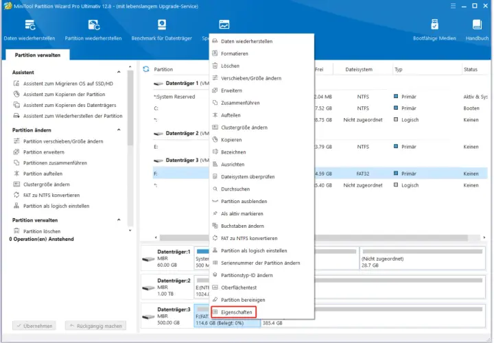 MiniTool Partition Wizard zeigt die Option "Eigenschaften" für eine FAT32-Partition unter Windows 11.