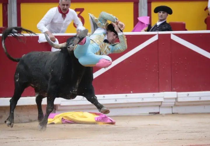 Un torero, Rubén Pinar, es lanzado por los aires por un toro negro en una plaza de toros.