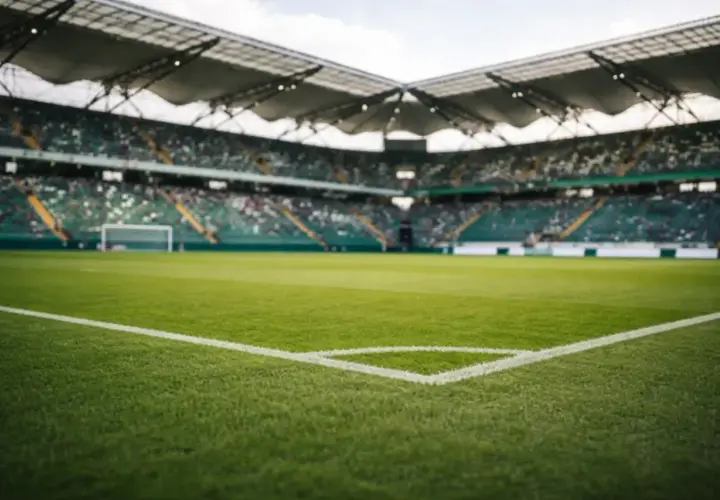 Pusta trybuna stadionu, zielona murawa i narożnik boiska. Atmosfera przed decydującymi barażami o ekstraklasę.