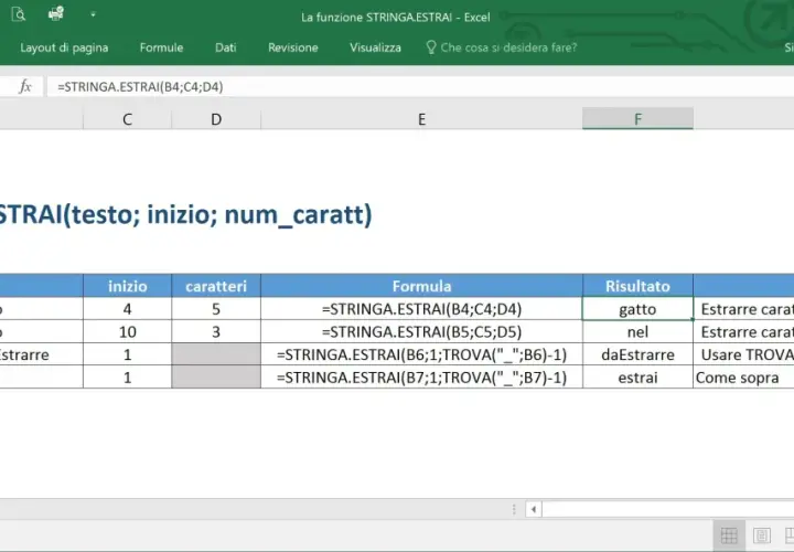 Foglio Excel che mostra come estrai una lettera da una stringa usando la funzione STRINGA.ESTRAI.