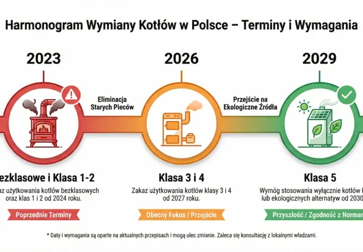 Harmonogram wymiany kotłów: w 2023 r. zakaz użytkowania kotłów bezklasowych i klasy 1-2, w 2026 r. klasy 3 i 4, a od 2030 r. tylko klasy 5.