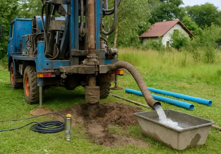 Maszyna do budowy studni głębinowej pracuje na trawiastym terenie. Woda wypływa z rury do koryta.