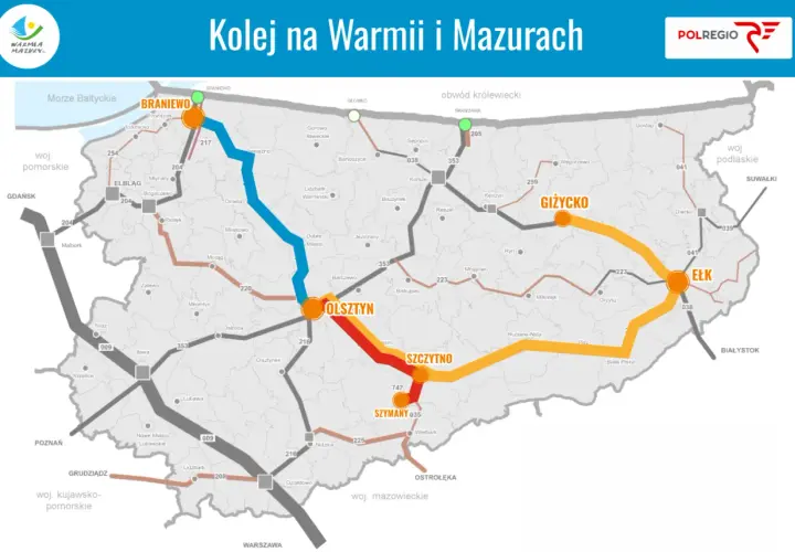 Mapa kolejowa Warmii i Mazur z zaznaczonymi trasami między Braniewem a Olsztynem, Giżyckiem i Ełkiem.