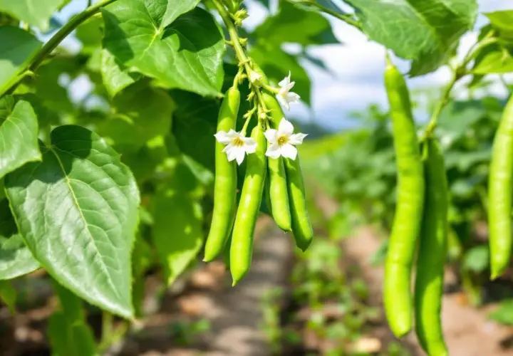 Des haricots verts charnus et sans fils, prêts à être cueillis, avec de délicates fleurs blanches. Un régal pour les yeux et les papilles.