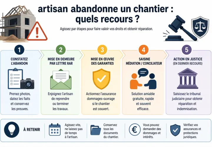 Infographie expliquant les recours en cas d'abandon de chantier par un artisan : constat, mise en demeure, garanties, médiation, action en justice.