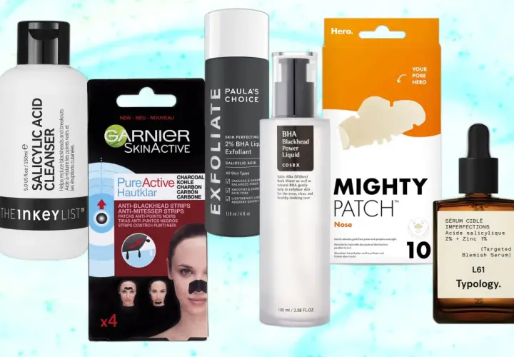 Collection de produits pour un remède point noir : nettoyant, exfoliant, patchs et sérum à l'acide salicylique.