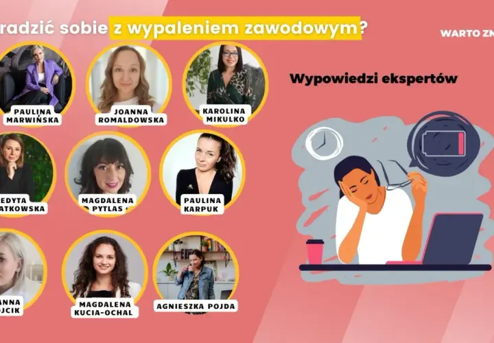 Ekspertki omawiają wypalenie zawodowe objawy. Grafika przedstawia wyczerpaną osobę przy laptopie i ikony z naładowaniem baterii.