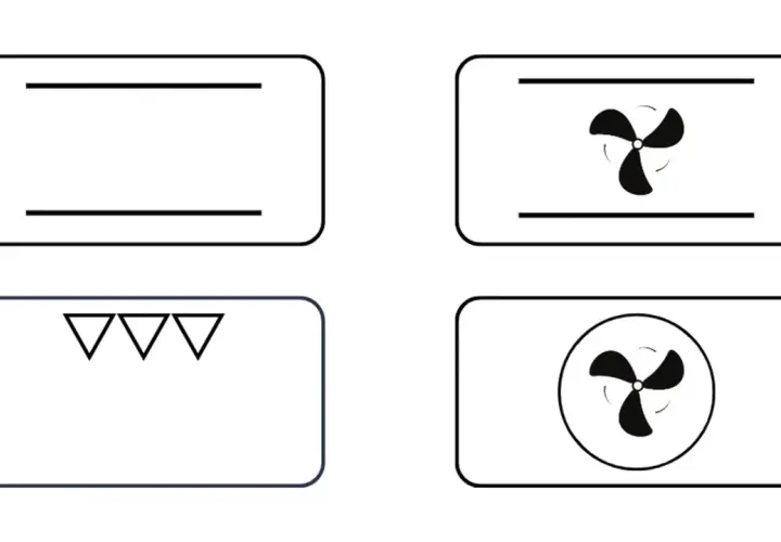 Symbole für Backofenfunktionen: Ober-/Unterhitze, Umluft mit Ventilator oben, nur Unterhitze, Umluft mit Ventilator unten.