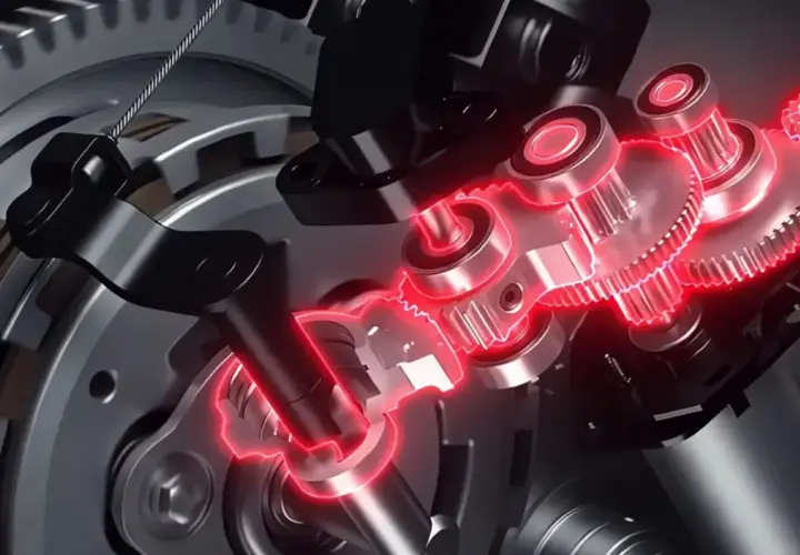 Mecanismo interno de un e clutch Honda, con engranajes y componentes metálicos iluminados en rojo.