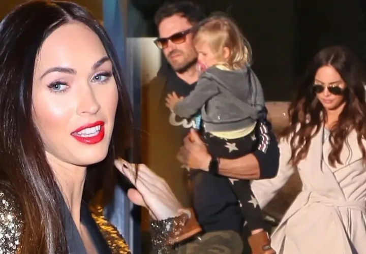 Megan Fox z dziećmi, w tym małym chłopcem niesionym przez mężczyznę.