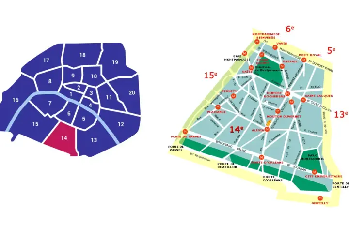 Mapa Paryża z zaznaczonymi dzielnicami. 14 dzielnica Paryża wyróżniona kolorem różowym, otoczona innymi dzielnicami.