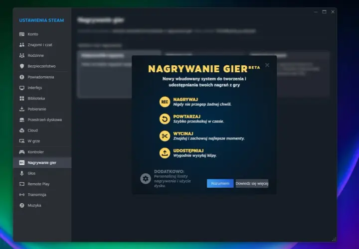 Ustawienia Steam: nagrywanie gier. Nowy system do tworzenia i udostępniania klipów. Dowiedz się, jak aktywować dostęp do społeczności Steam w grze.