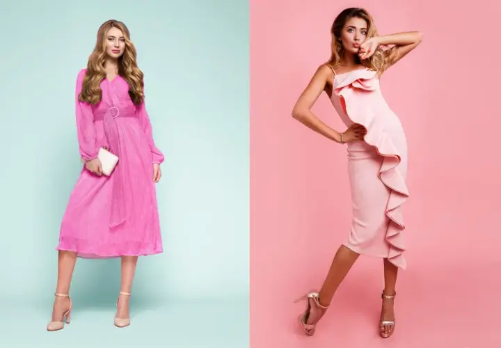 Eleganckie stylizacje: jakie buty do sukienki? Różowe kreacje i cieliste szpilki tworzą idealny duet.