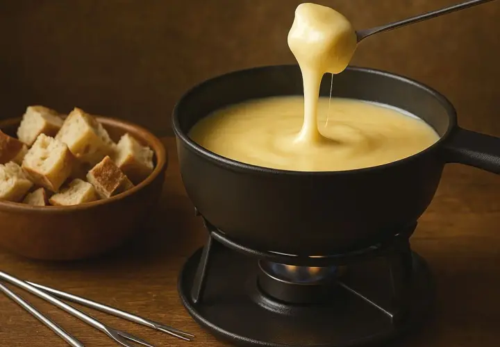 Une fondue savoyarde kirsch crémeuse, servie dans un caquelon sur un réchaud, avec des dés de pain croustillants à côté.