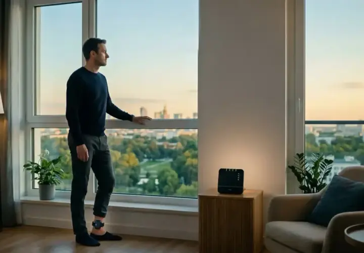 Mężczyzna w domu z opaską na nodze, symbolizującą dozór elektroniczny, patrzy przez okno na miasto.