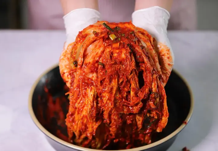 Ręce w białych rękawiczkach trzymają głowę kapusty pekińskiej pokrytą czerwoną pastą kimchi.