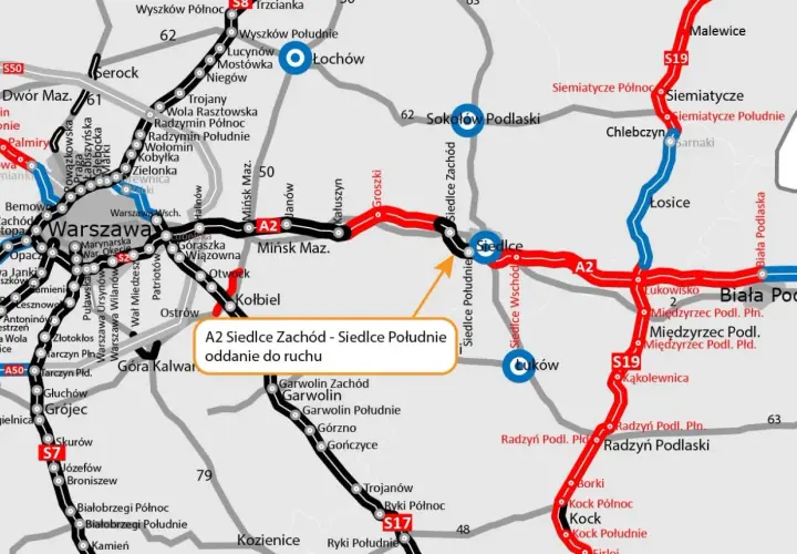 Mapa drogowa A2 Siedlce Zachód - Siedlce Południe, z zaznaczonymi drogami S19 i S17, prowadząca do Białej Podlaskiej.