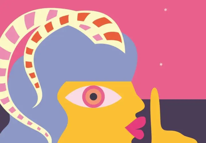 Silueta abstracta con cuernos de colores, ojo psicodélico y gesto de silencio. Representa la dualidad de libra y piscis.