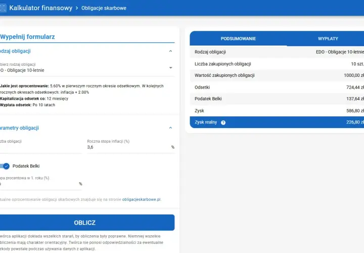 Kalkulator finansowy pokazuje podsumowanie obligacji skarbowych EDO 10-letnich, uwzględniając opłatę za przedterminowy wykup obligacji.