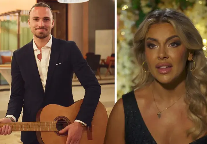 Sonja Livbom med gitarr och en kvinna i en glittrig klänning.