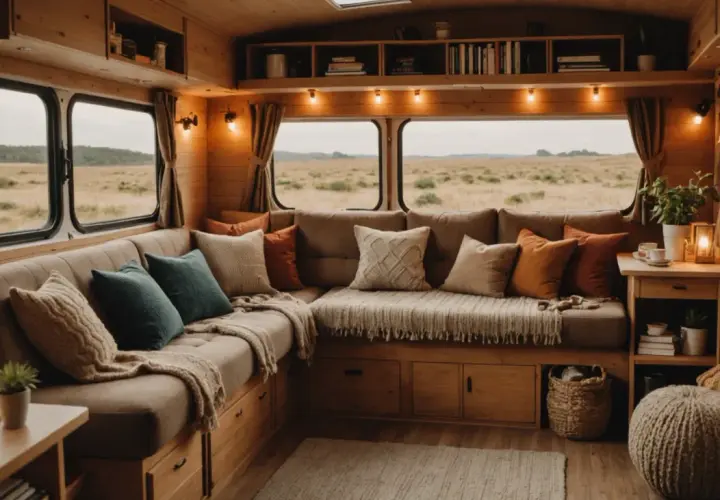 Ambiance cosy dans une caravane interieur simple. Canapé d'angle confortable, coussins douillets, plaids et vue sur la nature.