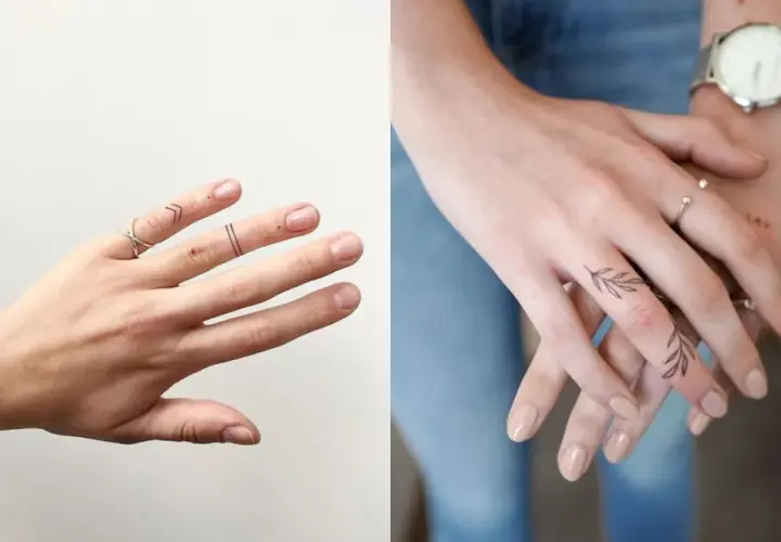 Delikatne tatuaże na palcach: geometryczne wzory i gałązka. Dwie dłonie ozdobione subtelnymi tatuażami na palcach, jedna z zegarkiem, druga z pierścionkami.