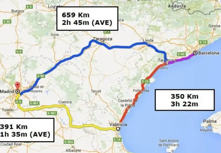 Mapa de rutas Euromed Barcelona Valencia y Madrid. Muestra trayectos en tren AVE y otras rutas.