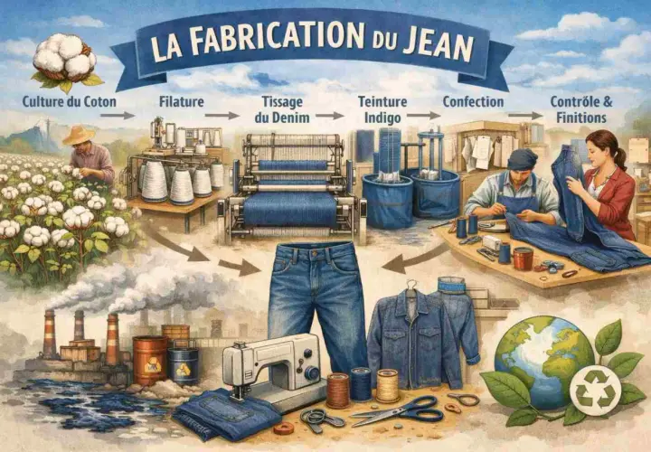 Le processus de fabrication du jean, de la culture du coton à la confection, illustré avec des machines et des artisans.