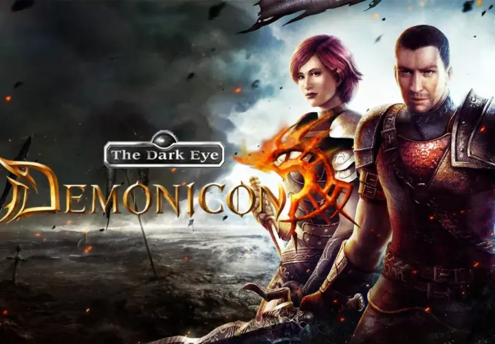 Bohaterowie w zbrojach stoją na tle mrocznego, burzowego krajobrazu. Logo gry "The Dark Eye: Demonicon" jest widoczne.