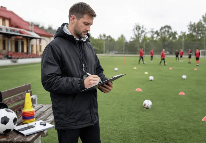 Trener notuje na tablicy podczas treningu piłkarskiego. Zastanawia się nad strategią, jakby analizował uefa pro cena.
