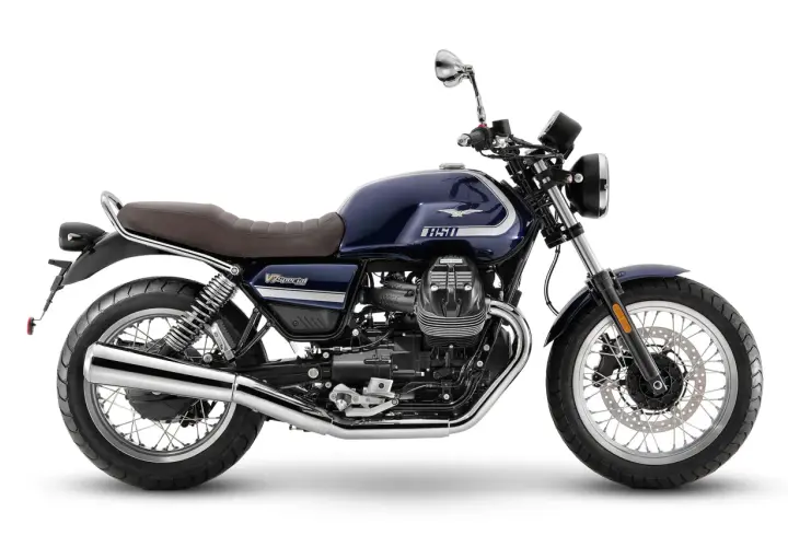 Moto Guzzi V7 Special azul, con asiento marrón y detalles cromados. Un clásico para rodar con estilo.