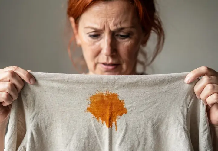 Une femme aux cheveux roux regarde avec inquiétude une tache orange sur un tissu clair. Est-ce que la peinture part au lavage ?