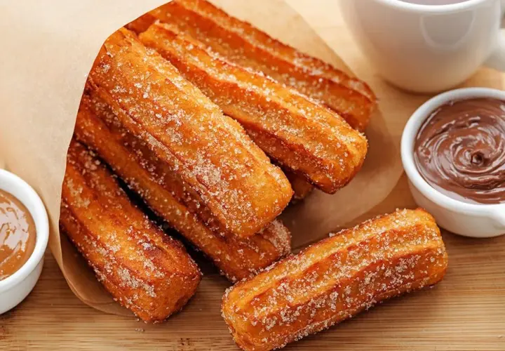 Churros przepis: złociste, posypane cukrem paluszki z ciasta smażonego na głębokim tłuszczu, podane z czekoladą i karmelem.