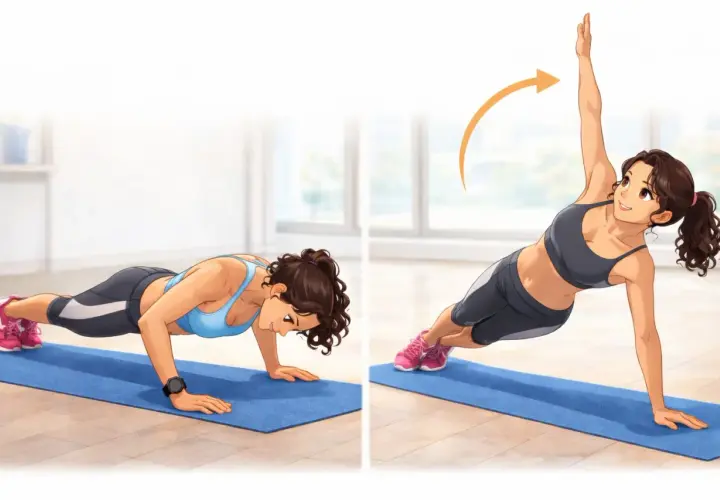 Femme effectuant des pompes puis une planche latérale pour muscler le dos sans matériel.