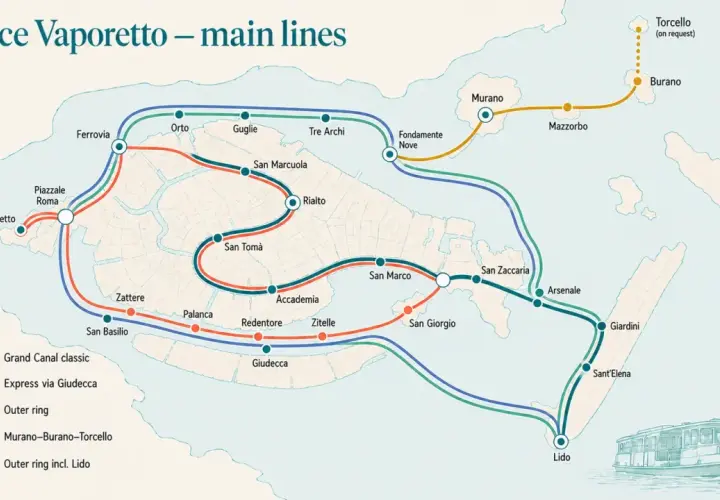 Carte des lignes de vaporetto à Venise. Pour savoir comment aller à Murano et Burano depuis Venise, prenez la ligne 12.