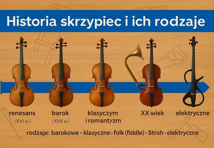 Ewolucja wszystkich instrumentów smyczkowych: od renesansu po elektryczne. Widoczne skrzypce, róg, skrzypce barokowe, klasyczne, XX wieku i elektryczne.