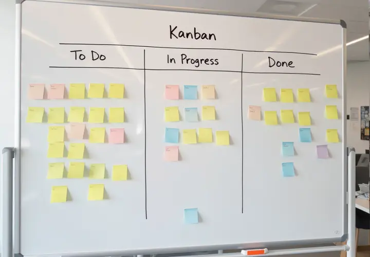 Tablica Kanban z zadaniami w kolumnach "Do zrobienia", "W toku" i "Zrobione". Kolorowe karteczki oznaczają postęp prac.