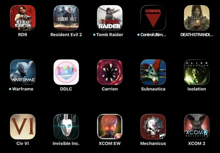 Kolekcja najlepszych gier na iPhone: RDR, Resident Evil 2, Tomb Raider, Control, Death Stranding, Warframe, DDLC, Carrion, Subnautica, Isolation, Civ VI, Invisible Inc., XCOM: EW, Mechanicus, XCOM 2.