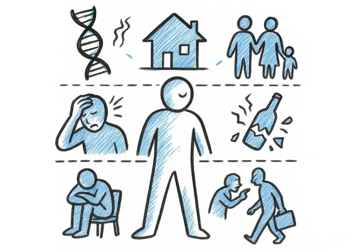 Illustrazione di fattori che influenzano la salute mentale: genetica, casa, famiglia, stress, solitudine, alcol e conflitti. Utile per studi medici privati.