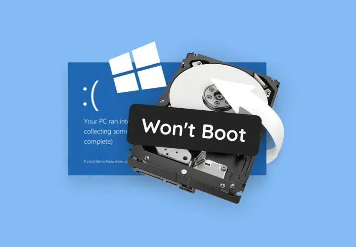 Awaria Windows 10 i uszkodzony dysk twardy. Potrzebujesz odzyskiwanie danych Windows 10? Biała strzałka symbolizuje ratunek.