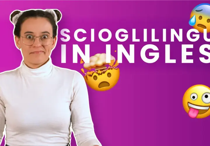 Ragazza con orecchie da panda e occhiali, testo "Scioglilingua in inglese" e emoji che esplodono e fanno la linguaccia.