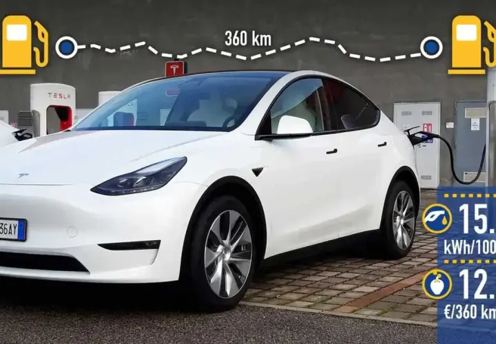Tesla Model Y in carica, con indicazione di 360 km di autonomia e costi di ricarica.