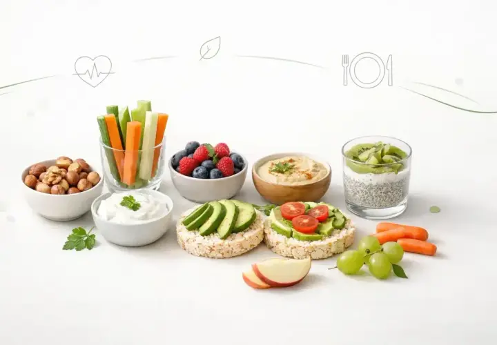 Niskokaloryczne przekąski: warzywa pokrojone w słupki, owoce jagodowe, hummus, ryżowe wafle z awokado i pomidorkami, jogurt, nasiona chia z kiwi, orzechy i jabłko.